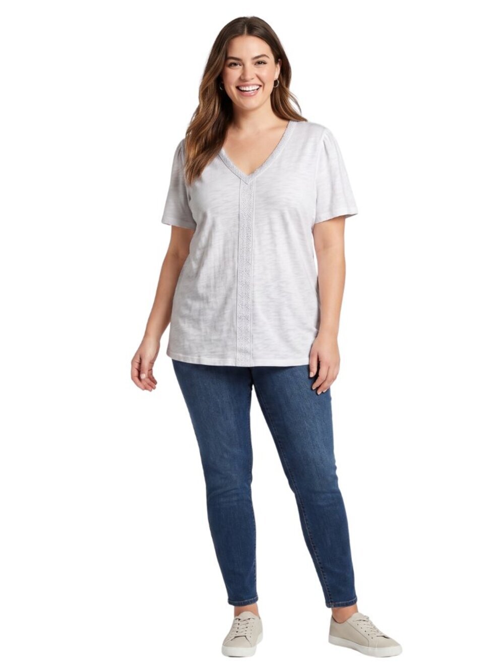 Croft & Barrow White Cotton V-Neck Embroidered Top Size XL Minimalist Coastal